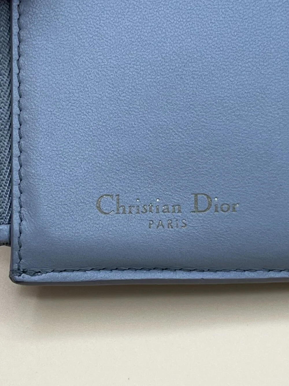 Christian Dior Light Blue Grained Leather CD Logo Compact Wallet Silver Hardware